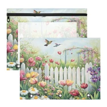 Imagem de SEHANY Pasta de lápis de flores de jardim com 3 anéis – Bolsa para documentos tamanho A4 com janela transparente para sala de aula, escritório, 2 peças