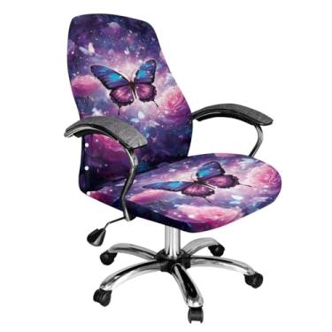 Imagem de Talayituse Capa de cadeira de escritório com estampa de flor rosa borboleta, peça única, resistente à água, tecido jacquard elástico, parte inferior elástica para cadeiras de apoio de braço, grande