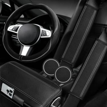 Imagem de NBTEPEM Conjunto de capas de volante de carro com 6 peças, capas de volante de couro de microfibra universais de 14,5 a 15 polegadas, capa de console central, almofada de cinto de segurança