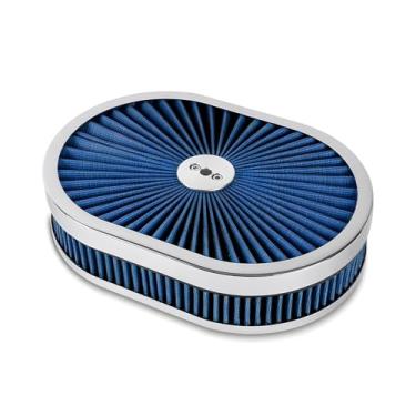 Imagem de Kit de montagem de filtro de ar oval de 30,5 cm x 7,6 cm com tampa Flow-Thru cromado de alto fluxo, lavável e reutilizável, compatível com GMC Chevy Ford Chrysler Dodge adequado para pescoço de