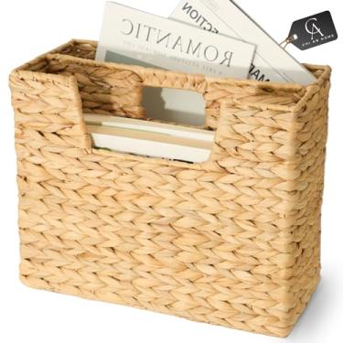 Imagem de Large Wicker Magazine Holder 15.8” x 7.5” x 13.4” Handwoven Water Hyacinth Magazine Basket Rattan Newspaper Rack Skinny Wicker Basket for Books & Files, Chi An Home Divided Hyacinth Basket With Handle