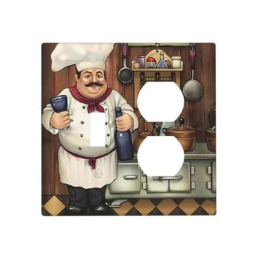 Imagem de JDAKHD Capas decorativas retrô de desenho animado Fat Chef Cook Vintage Medieval 2 Gang Combo Toggel/Duplex Placa de parede elétrica placa de interruptor de luz de cozinha
