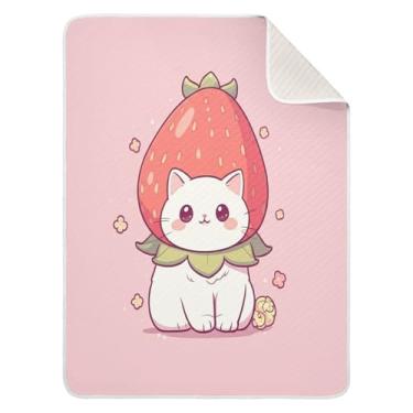 Imagem de Wassud Cobertor de bebê para meninos e meninas, gato com chapéu de morango, cobertor macio para bebês e recém-nascidos, essencial e aconchegante para berçário, viagem e carrinho de bebê