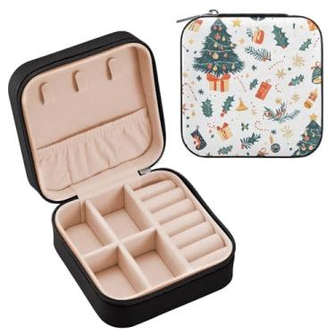 Imagem de Wassud Caixa de joias de viagem fofa de árvore de Natal para mulheres, meninas, senhoras, noiva, mini organizador de joias de couro PU, caixa quadrada de armazenamento de joias para brincos, anéis