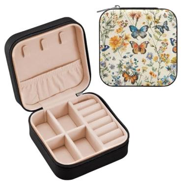 Imagem de YETTASBIN Caixa de joias com folhas de borboleta para adolescentes, meninas, mulheres, presente de aniversário, Natal, caixa de armazenamento portátil de couro PU, mini estojo de joias de viagem para