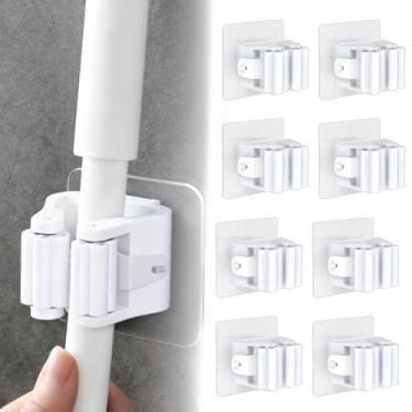 Imagem de Pacote com 8 suportes para vassoura, suporte de parede, adesivo sem perfuração e organizador de vassouras com rolos de borracha, plástico ABS resistente para banheiro, cozinha, armazenamento de
