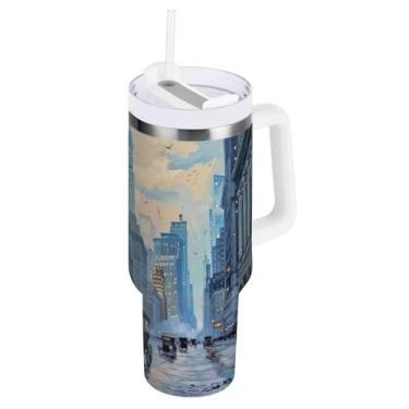 Imagem de Kigai Copo de pintura de rua New York City Center de 850 g com tampa e palha, copo isolado de aço inoxidável durável à prova de vazamento com alça, garrafas de água à prova de derramamento para