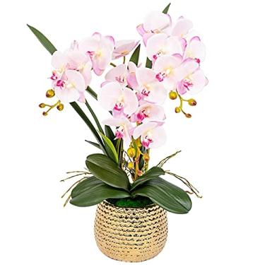 Imagem de LMJYU Flores artificiais de orquídea com vaso Phalaenopsis Peças centrais de flores falsas para sala de jantar arranjos de mesa decoração lindas flores artificiais e Va