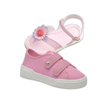 Imagem de Kit Calçados Infantil Menina Tênis Rosa com Fita Alto Colante e Sandál