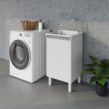 Imagem de Tanque de Lavar Roupa 26 Litros com Gabinete Branco em MDF com Pratele