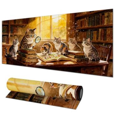 Imagem de HOMETITUTE Tapete de rato XL 81,5 x 29,5 cm para jogos, tapete de rato de diatomita, teclado grande, para casa e escritório, acessórios de mesa, com biblioteca aconchegante e arte de estudo de gato