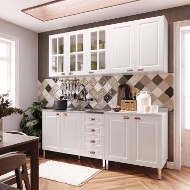 Imagem de Armário De Cozinha Compacta 4 Peças Com Vidro Janelinha Cristal Luciane Móveis Branco Polar Com Branco Pet E Marmore