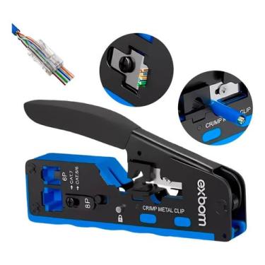Imagem de Alicate de Crimpar Profissional Multifuncional EXBOM FRM-ACN702 EZ Crimp Conectores RJ45/RJ12/RJ11 de 4, 6 ou 8 vias, Antiderrapante, Cat7/Cat6e/Cat5e - Preto/Azul
