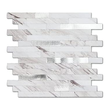 Imagem de Yipscazo 10 folhas de revestimento de azulejo de metal de pedra, cole em azulejos para cozinha, banheiro, lavanderia, acampamento, lareira (30 x 30 cm, branco brilhante Carla White)