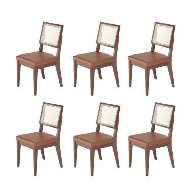 Imagem de Kit de 6 Cadeiras de Madeira Maciça Estofada com Palhinha Saga - Natural c/ PU Caramelo