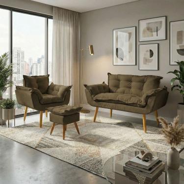 Imagem de Kit Namoradeira Poltrona e Puff Decorativo Para Sala Recepção Manicure Consultório Alice Tecido Suede