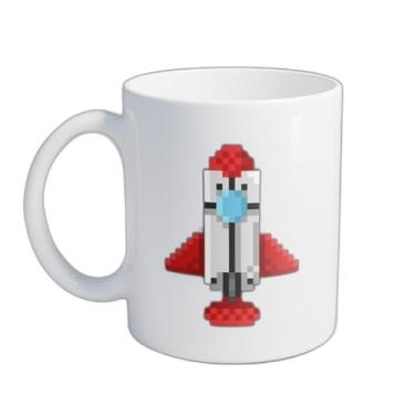 Imagem de Caneca Xícara de Café Porcelana 300ml Foguete Pixel Art