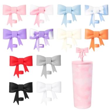 Imagem de 12 peças de capas de canudo com laço fofo de 8 mm, tampas compatíveis com copos Stanley, protetores de pontas de canudo de silicone reutilizáveis para canudo, canudo, acessórios