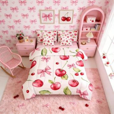 Imagem de Erosebridal Conjunto de cama de casal cerejeira para meninas, laço rosa, conjunto de edredom de 7 peças com lençóis, laços de coquete, cama em uma bolsa, gravata borboleta, conjunto de cama de