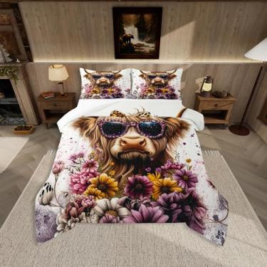 Imagem de Feelyou Jogo de cama fofo de vaca Highland macio para meninos e meninas, conjunto de edredom floral, casal, fazenda, gado, touro, edredom de microfibra, laço de leopardo, decoração de quarto, 3 peças
