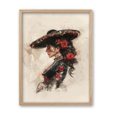 Imagem de iHery Arte de parede emoldurada mexicana de madeira de carvalho natural, grande 40,6 x 50,8 cm, arte de parede em tela moderna Mariachi do sudoeste, decoração de quarto floral rústica feminina do
