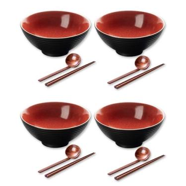 Imagem de Chic Glamour Conjunto de 4 tigelas grandes de ramen japonês, tigelas de ramen de cerâmica de segurança de material com pauzinhos e colheres combinando, tigelas de 20 cm de 1,134 g, tigela de macarrão
