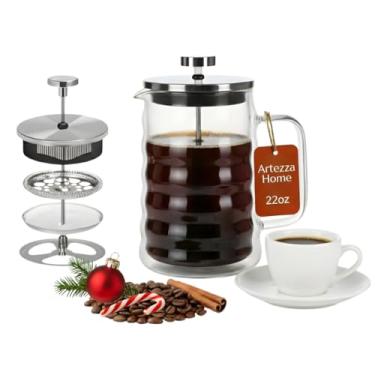 Imagem de Cafeteira French Press – Vidro borossilicato de parede dupla | Máquina manual de design ondulado com filtro de malha de aço inoxidável para café ou chá quente e frio | 650 ml - Serve de 4 a 5 xícaras
