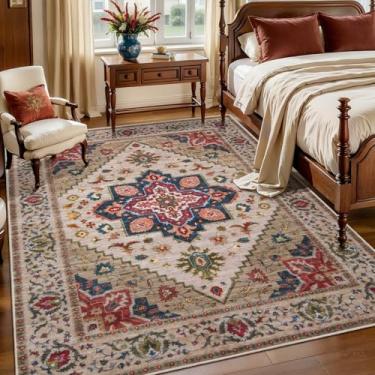 Imagem de Tangsoo Tapete vintage de 10 x 15 cm, lavável e antiderrapante, tapete oriental lavável à máquina, tapetes macios e dobráveis para sala de jantar, quarto, sala de estar, decoração de casa, bege