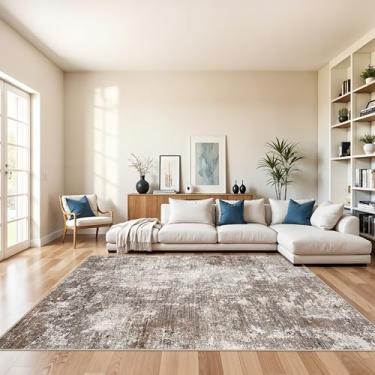 Imagem de Tapete quadrado lavável de 17 x 18 cm – Tapete interno macio antiderrapante para sala de jantar, sala de estar, cozinha, quarto – Tapete moderno abstrato neutro com detalhes baixos (marrom bege, 18 x