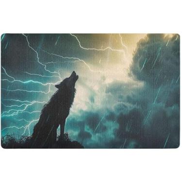 Imagem de TSENQUE Tapete de porta frontal personalizado de lobo uivando lua relâmpago tapete de boas-vindas absorvente, tapete de outono externo engraçado tapetes de porta externos antiderrapantes, 81 cm x 50