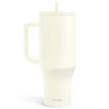 Imagem de SANDJEST Copo marfim de 1,134 g com alça e canudo, caneca de café de viagem de aço inoxidável isolado para mulheres e meninas, ideia de presente para aniversário, Natal, Dia das Mães