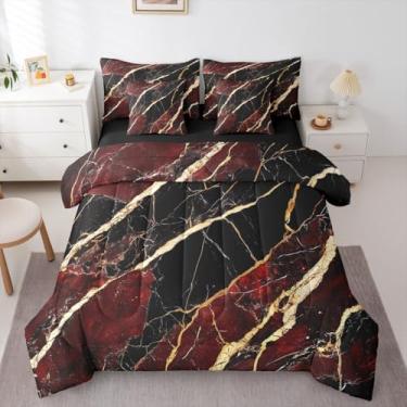 Imagem de Erosebridal Jogo de cama King de mármore vermelho com 7 peças, lençol de mármore dourado, rachado, textura abstrata, gradiente, para adolescentes e adolescentes, moderno, mármore fluido, luxuoso