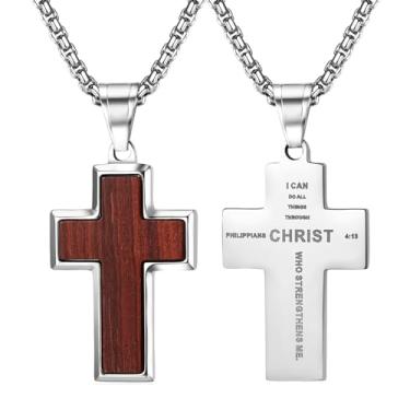Imagem de Rofusn Colar de cruz de crucifixo de madeira para homens: prata aço inoxidável religioso pingente de madeira cristã joias presentes, filipenses 4:13 versículo da Bíblia