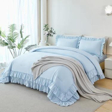 Imagem de ANGIYUIN Jogo de cama king size com babados azuis em uma bolsa para mulheres, conjunto de edredom leve e fofo com lençóis (azul claro)