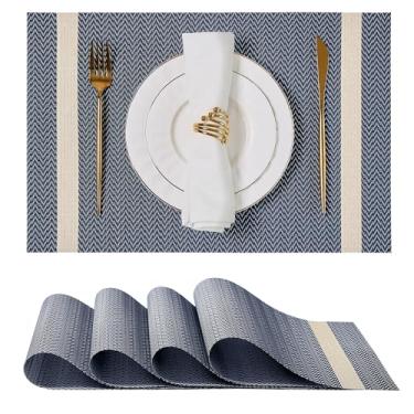 Imagem de Leetaltree Jogo americano listrado metálico, conjunto de 4, tapetes de PVC com fios dourados, tapetes de mesa laváveis à prova d'água para balcão de cozinha, jogo americano sem rugas (azul escuro e