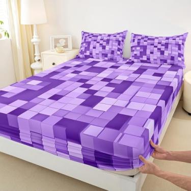 Imagem de Jogo de cama Pixel Grid Miners infantil casal, videogame, xadrez, para meninos e meninas, decoração geométrica moderna, roxo claro, 2 fronhas (sem plano)