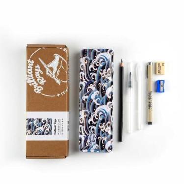 Imagem de Conjunto de aquarela Mairtini Academy Grade estilo chinês edição limitada com 24 cores, meia panela, tinta sólida para aquarela, quatro canetas diferentes, uma borracha e um apontador de lápis (oceano