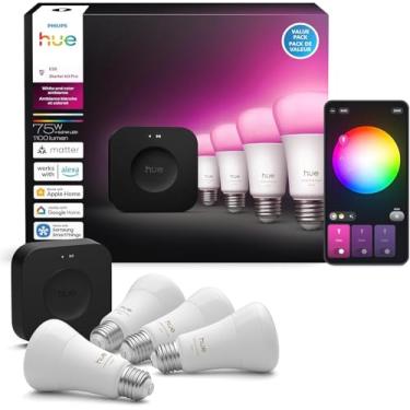 Imagem de Philips Hue Kit iniciante: Bridge Pro + 4 lâmpadas inteligentes A19 E26, ambiente branco e colorido, regulável, hub de luz inteligente, funciona com Apple Home, Alexa, Google, Samsung SmartThings