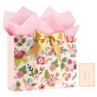 Imagem de JMANNI 1 bolsa de presente grande com fita e 1 cartão de felicitações, 2 papéis de seda, bolsa de presente de papel portátil com alças, sacolas de presente de aniversário, sacolas de presente para