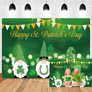 Imagem de OERJU Feliz Dia de São Patrício pano de fundo para fotografia de gnomo irlandês verde sortudo gnomo irlandês decoração de festa de São Patrício decoração banner cabine de fotos adereços 1,8 x 1,2 m