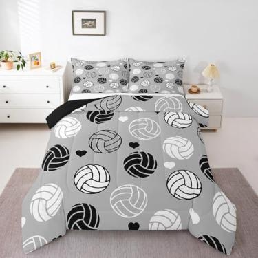 Imagem de Feelyou Jogo de cama casal com estampa de bola de vôlei, estampa de bola e listras geométricas para meninos e meninas, meninos, meninas, preto e branco, conjunto de colcha
