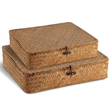 Imagem de Pacote com 2 caixas de armazenamento de algas marinhas com tampa, conjunto organizador de tecido de vime Boho para armazenamento de cesta de vime decorativo para guardar livros de maquiagem e armário