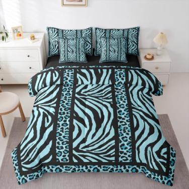 Imagem de Feelyou Conjunto de edredom solteiro com estampa de leopardo de zebra, azul, preto, leopardo, para crianças, meninos, meninas, em uma bolsa com edredom, lençóis, fronhas, capas de almofada, decoração