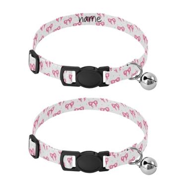 Imagem de SEHANY Conjunto de 2 coleiras de cachorro com laço rosa fofo, fivela de plástico resistente, leve, macia e leve, com sino pequeno, coleiras personalizadas com nome de animal de estimação para meninos