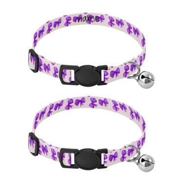 Imagem de SEHANY Conjunto de 2 coleiras de cachorro com laço roxo fofo, fivela de plástico resistente, leve, macia, com sino pequeno, coleiras personalizadas com nome de animal de estimação para meninos e