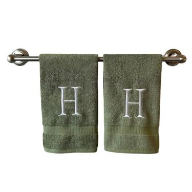 Imagem de Toalha de mão inicial Sage para banheiro - Toalha bordada decorativa de qualidade de hotel de luxo monograma para lavabo, spa - Certificado orgânico GOTS - Conjunto de 2 letras H