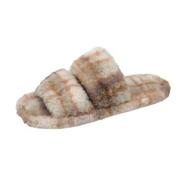 Imagem de Pantufas femininas xadrez de inverno para uso doméstico, sola grossa, retrô, xadrez, outono, sapatos femininos aconchegantes para uso doméstico, Caqui, 36