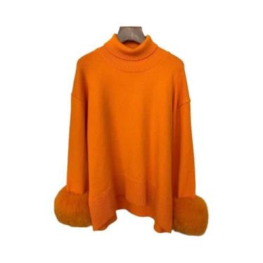 Imagem de Suéter Feminino De Tricô Com Mangas De Pele De Raposa, Ajuste Slim, Mo