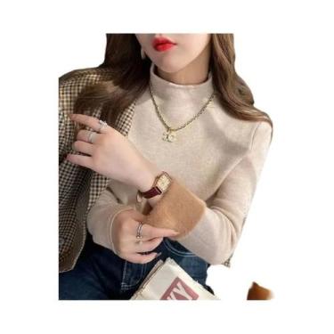 Imagem de Suéter Feminino Casual De Malha Macia Com Forro De Veludo Peludo Gross