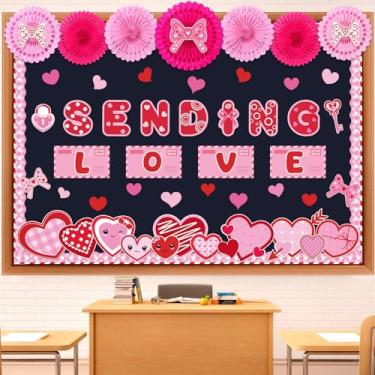 Imagem de Gilprop Conjunto de quadro de avisos para o dia dos namorados, decoração de sala de aula, rosa e vermelho, recortes românticos de coração com ventiladores de papel para decoração de porta, parede